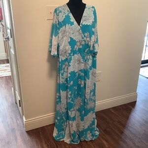 Lane Bryant 22 midi v-neck flowy blue tropical floral whimsical fairy core dress